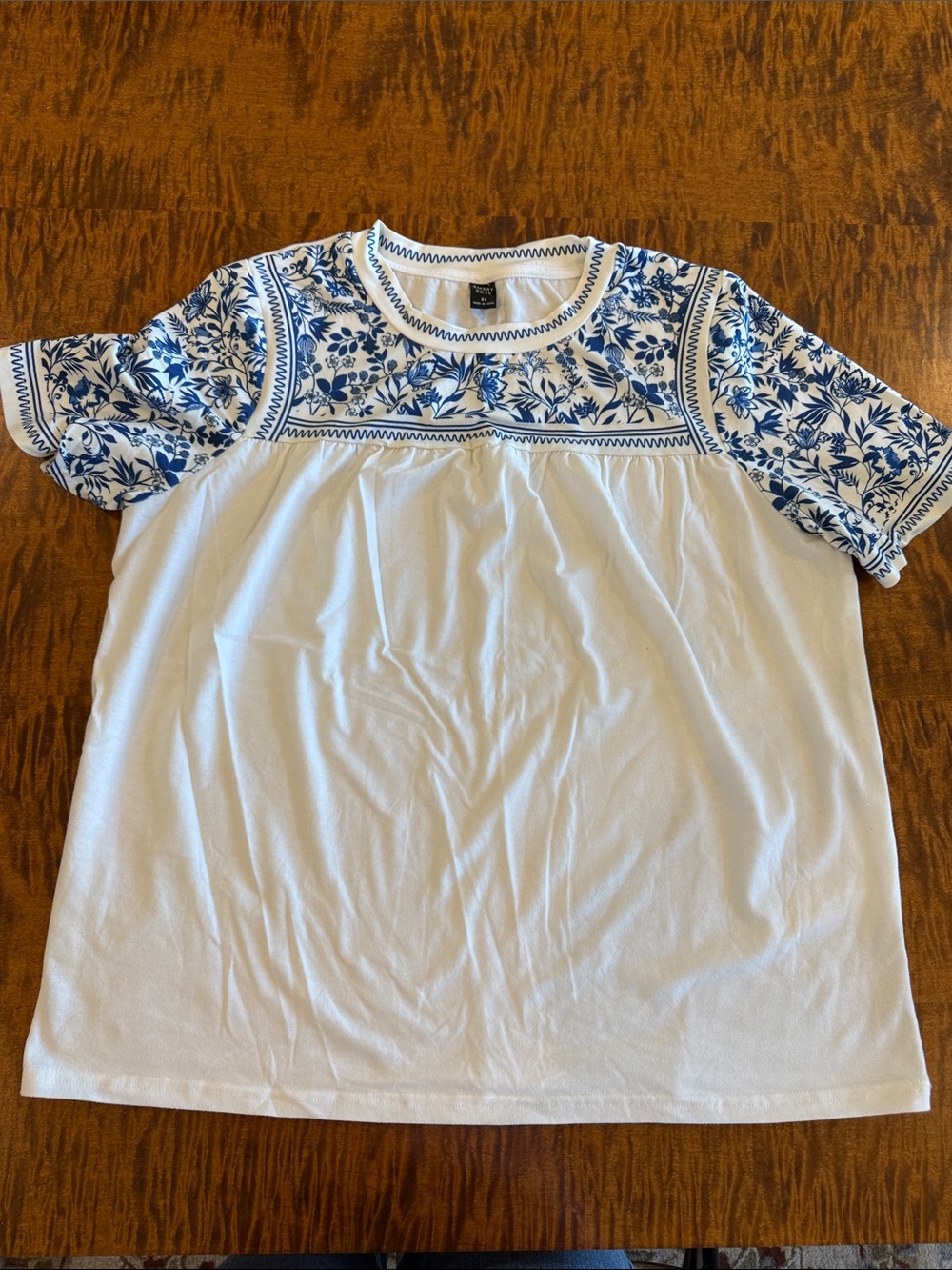 Woman’s White Top with Blue Floral Yoke